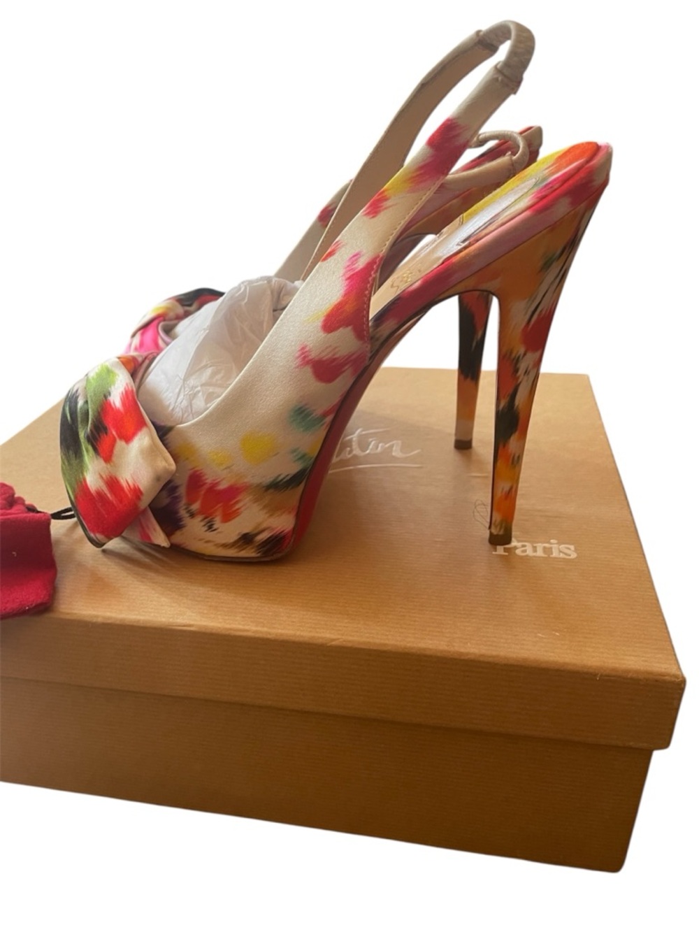 Christian Louboutin Floral Multicolor Bow Slingback Platform Stilettos  5”